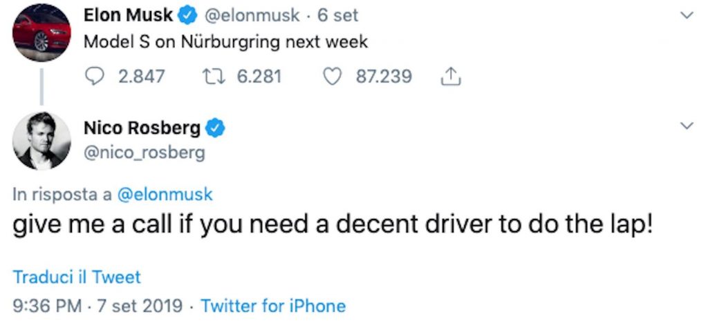 Tesla Model S al Nürburgring: Rosberg si offre a Musk via Twitter