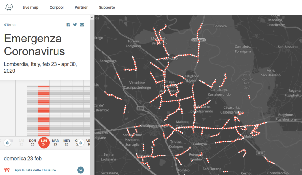 Coronavirus: Waze segnala le strade chiuse al traffico