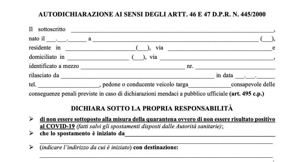 Aurtocertificazione Lombardia Ottobre 2020: il PDF editabile da scaricare per gli spostamenti