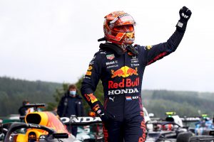 SPA, BELGIUM - AUGUST 28: Pole position qualifier Max Verstappen of Netherlands and Red Bull Racing celebrates in parc ferme during qualifying ahead of the F1 Grand Prix of Belgium at Circuit de Spa-Francorchamps on August 28, 2021 in Spa, Belgium. (Photo by Mark Thompson/Getty Images)