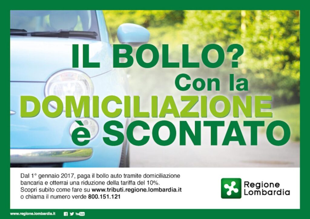 Bollo Auto Lombardia 2024: sconto del 15% pagando con domiciliazione bancaria