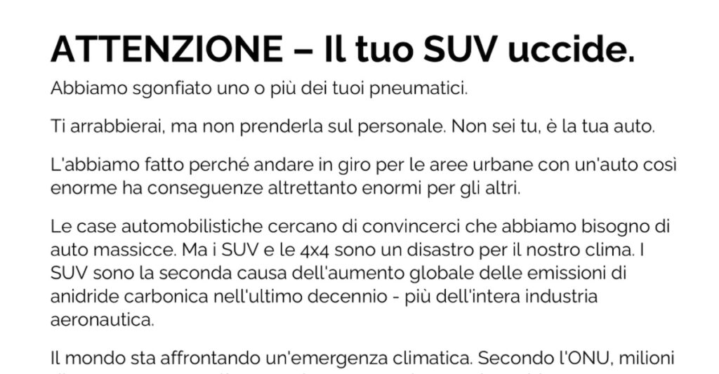 Gli attivisti “Anti SUV” Tyre Extinguishers sgonfiano le gomme per dispetto