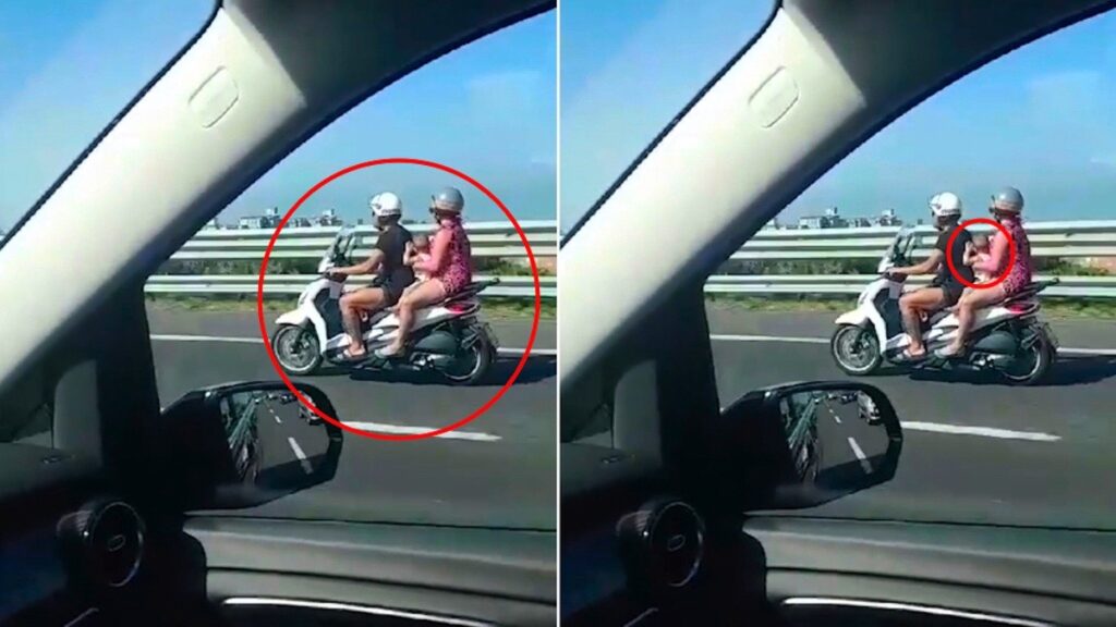 Sulla Napoli-Salerno in 3 sullo scooter con un neonato senza casco: il video che indigna