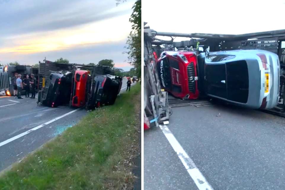 Strage di supercar: nove auto di lusso del valore di milioni di euro, ribaltate insieme ad una bisarca