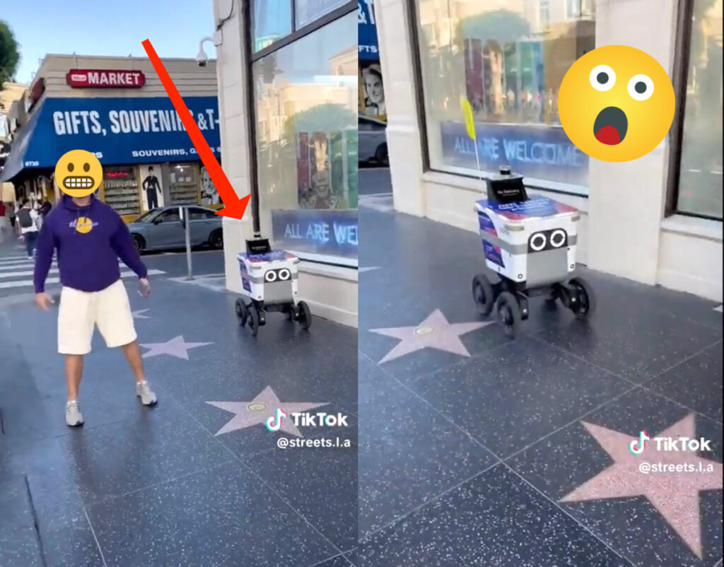 Litigano davanti alla sede di Scientology, anche il robottino consegna cibo è imbarazzato