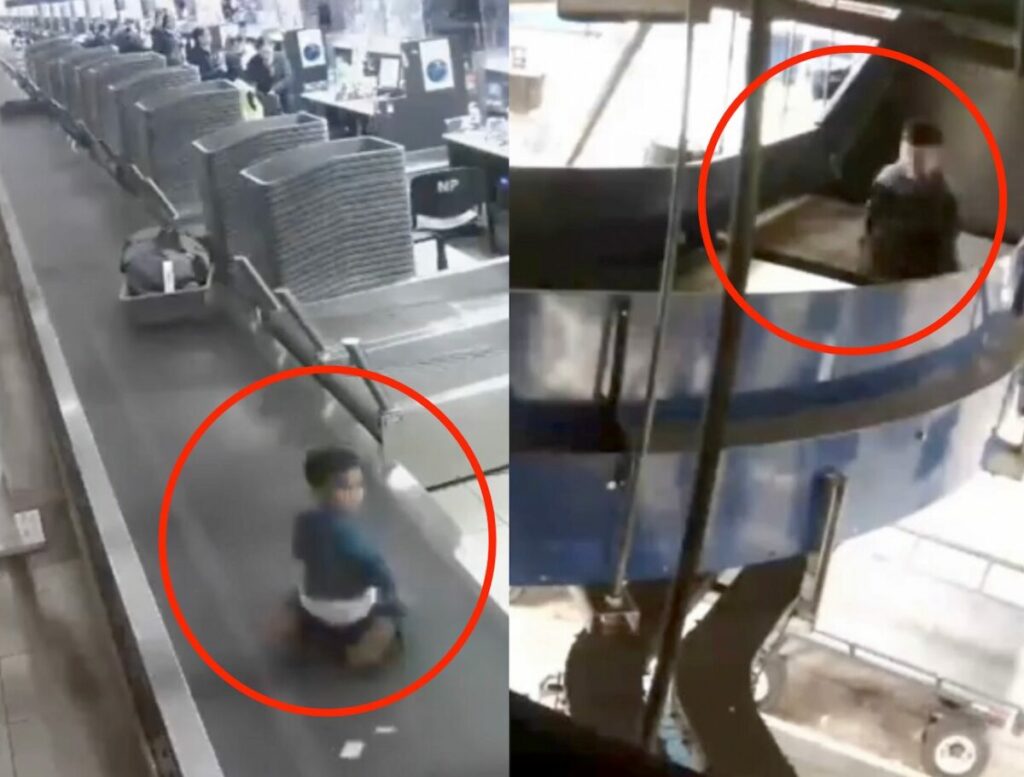 Gli addetti dell’aeroporto salvano un bambino finito sul nastro trasportatore dei bagagli dopo che era sfuggito dietro ad un banco del check-in