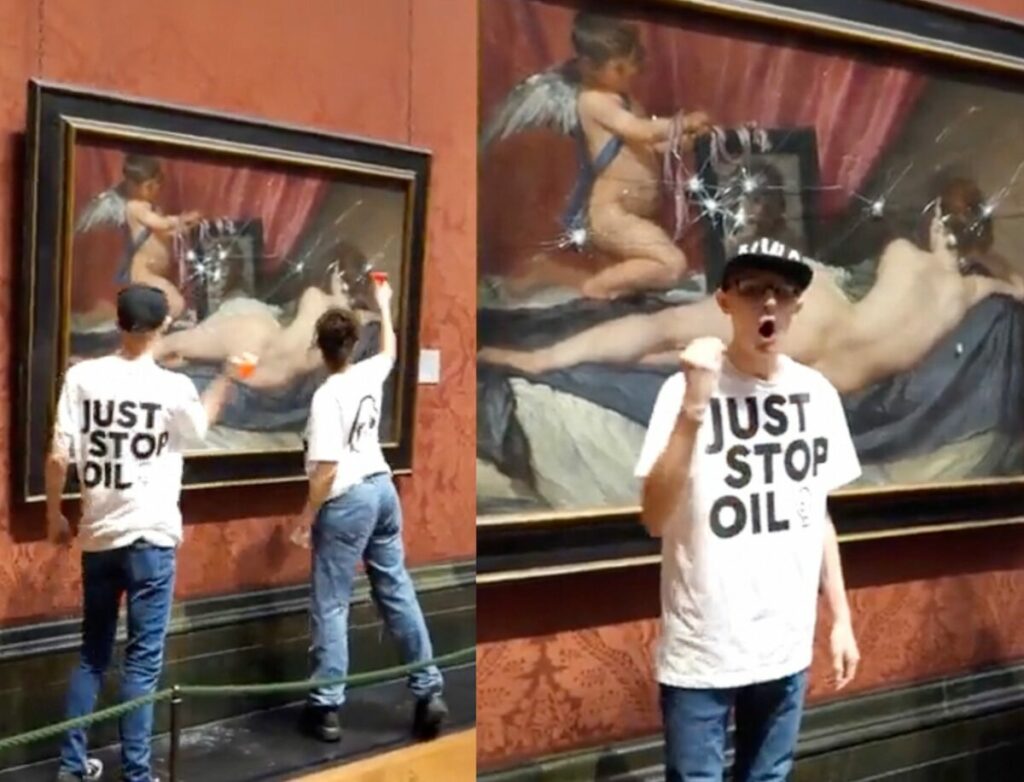 Attivisti Just Stop Olil rompono a martellate il vetro del dipinto della Venere Rokeby