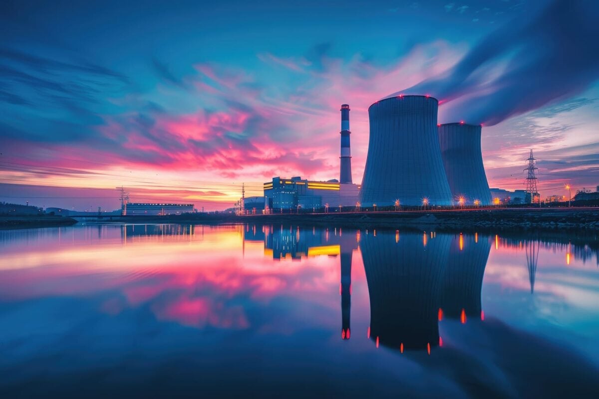 Centrale nucleare con torri di raffreddamento e camino industriale riflessi nell’acqua al tramonto, cielo colorato e luci accese