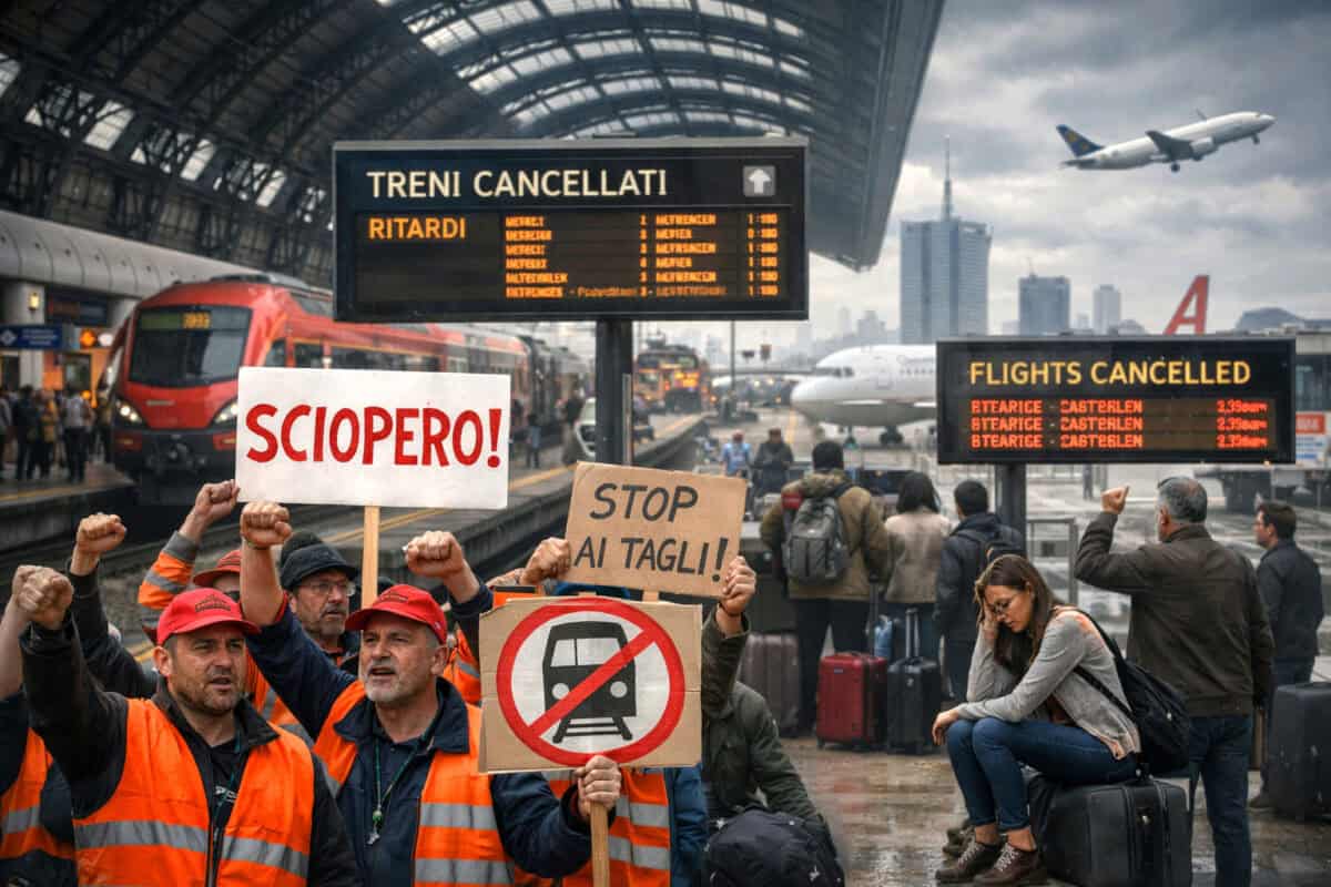 Sciopero dei trasporti in stazione, treni cancellati, viaggiatori in attesa, manifestanti con cartelli, aereo in volo.