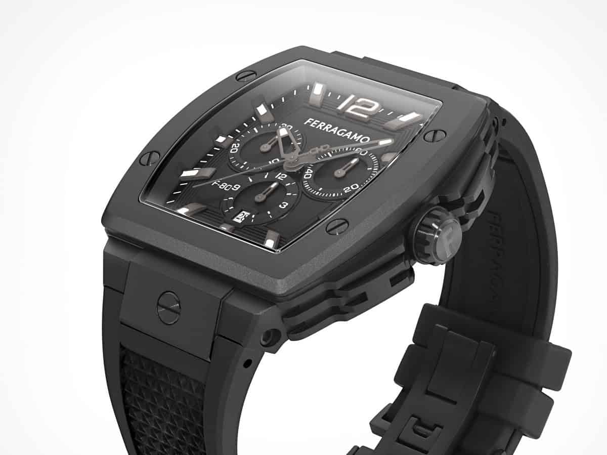 Il quadrante del nuovo orologio Ferragamo F-80