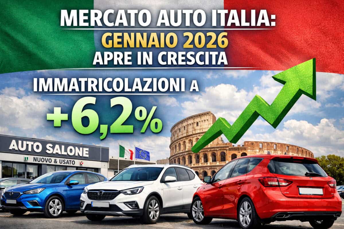 Auto nuove e usate davanti a concessionaria, crescita mercato auto Italia gennaio 2026, Colosseo sullo sfondo.