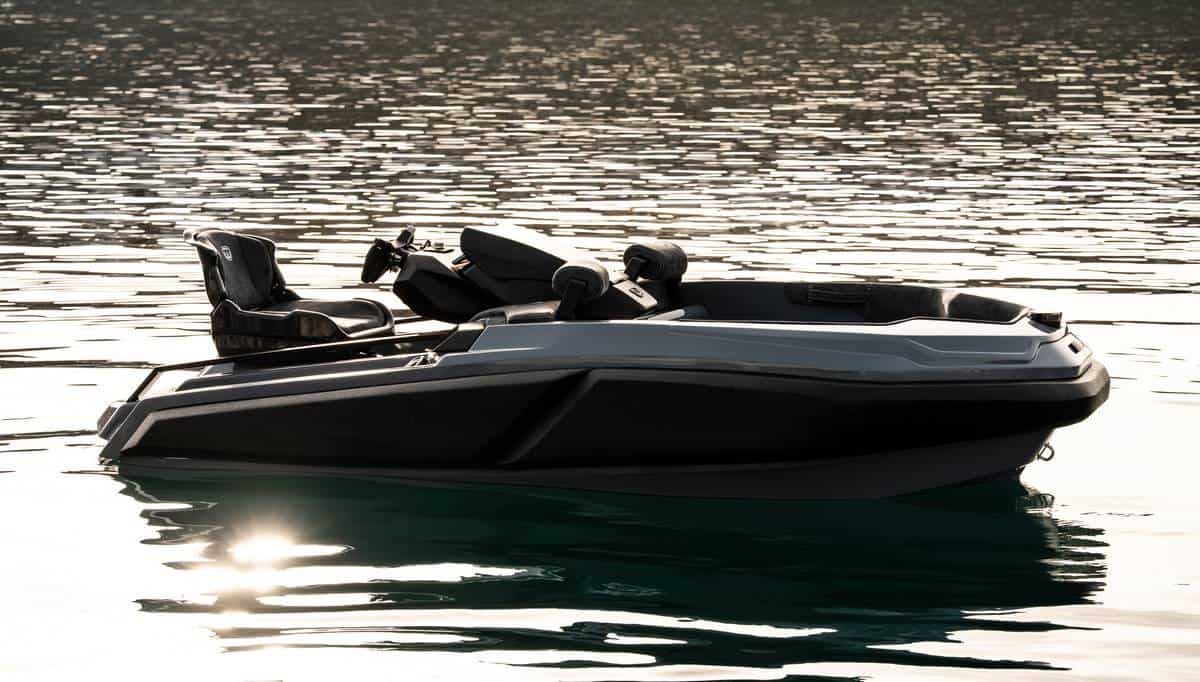Besnati Hurlo 325 motoscafo nero con sedili e plancia in grigio antracite.