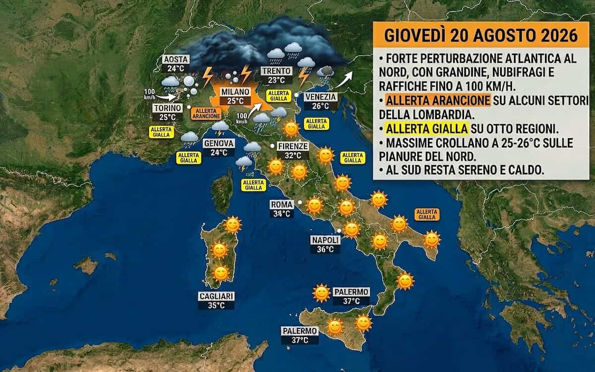 Meteo 20 agosto, il maltempo spacca l'Italia in due: grandine e raffiche a 100 km/h al Nord, caldo africano al Sud