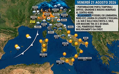 Meteo 21 agosto, Italia divisa in due: nubifragi e grandine al Centro-Nord, 38 gradi al Sud