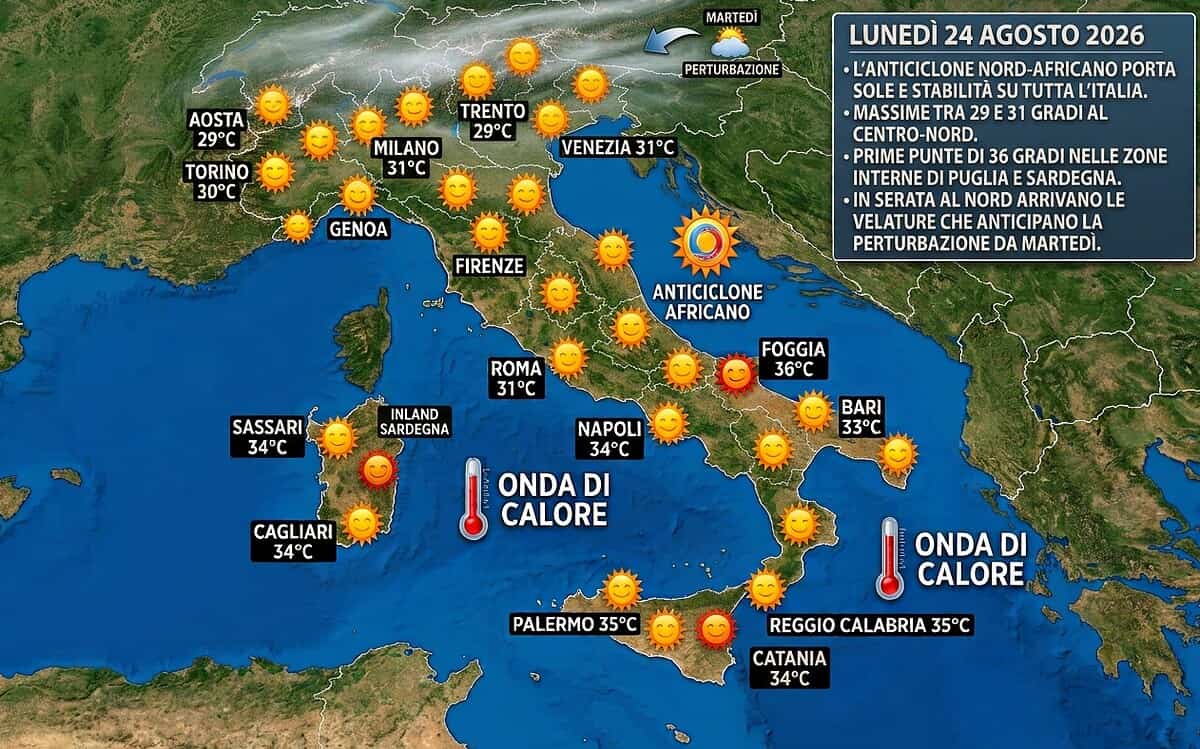 Meteo 24 agosto, sole ovunque e caldo che cresce: ma al Nord le velature di sera annunciano il cambio