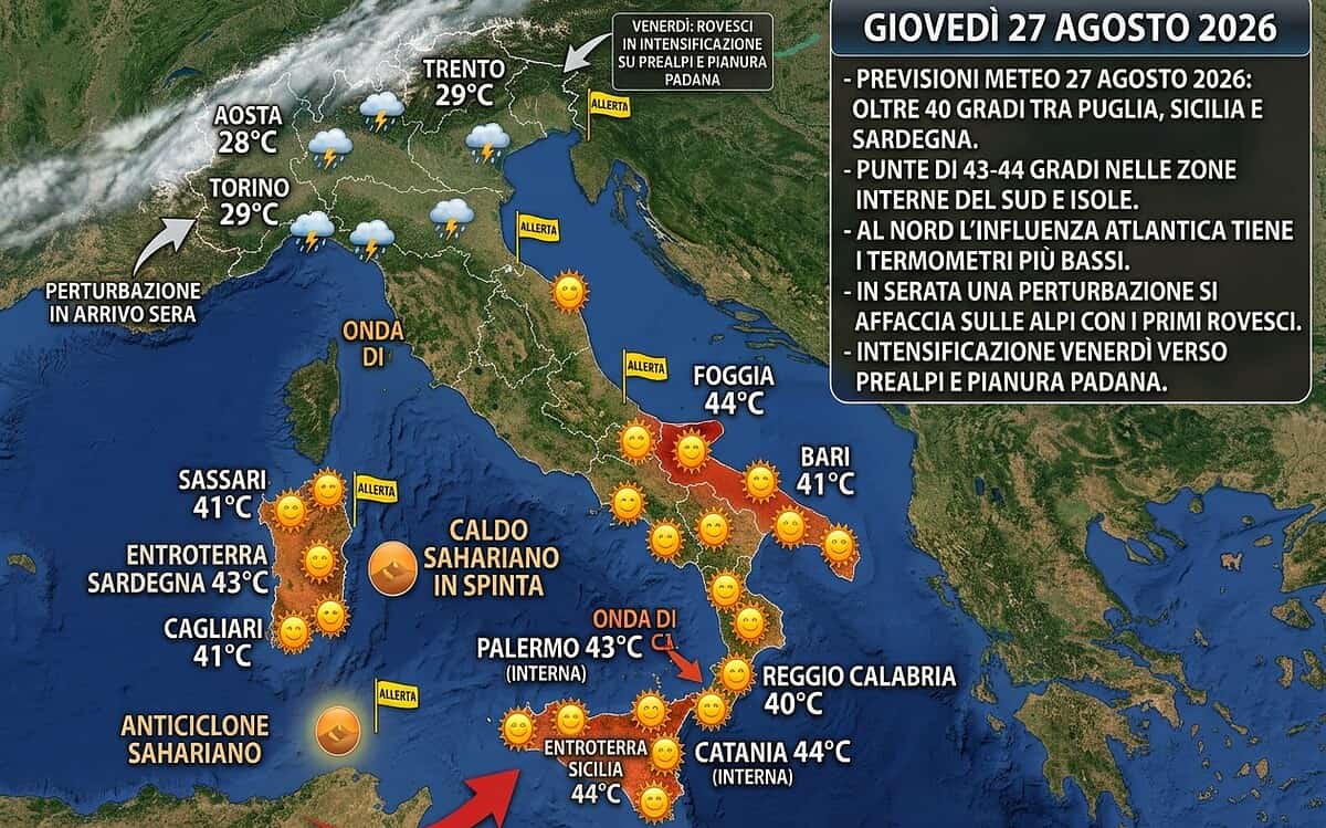 Meteo 27 agosto, il caldo tocca il picco della settimana con 44 gradi: il colpevole è una depressione sulla Spagna