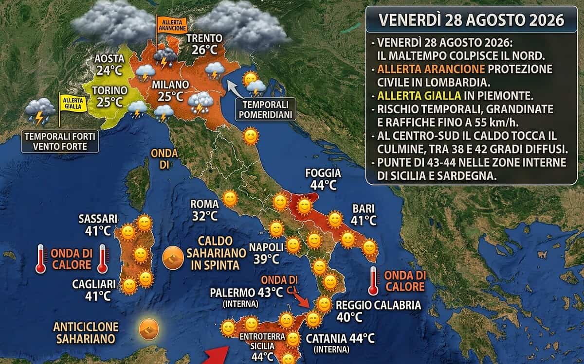 Meteo 28 agosto, allerta arancione in Lombardia mentre al Sud si arriva a 44 gradi