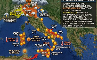 Meteo 28 agosto, allerta arancione in Lombardia mentre al Sud si arriva a 44 gradi